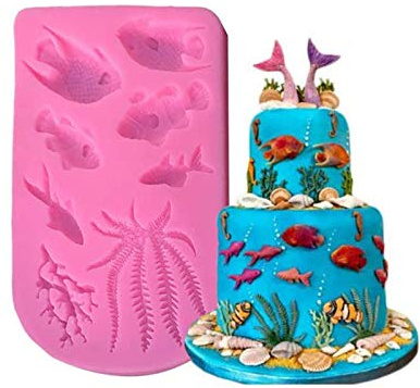 Xfaiz Kuchenform mit Meeresmotiven, Fische, Meer, Koralle, Cupcake-Schokoladenform für unter dem Meer, Kuchendekoration, Süßigkeiten, Schokolade, Polymerton, Zuckerhandwerk, Cupcake-Topper
