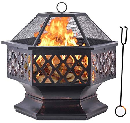 Hexagone Brasero Foyer Extérieur Panier Á Feu Pour Portable Acier Avec Couverture En Treillis Ignifuge Et Tisonnier, Terrasse Foyer De Chauffage/ Barbecue, Pour Patio, Jardin, Pique-Nique De Camping