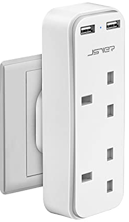 Double Plug Adaptor with 2 USB, JSVER Mini 2 Way Plugs Extension Multi Sockets with USB Ports(5V/2.4A) Wall Charger Adapter, 13A UK 3 Pin Power Socket for Home, Office, Kitchen,White