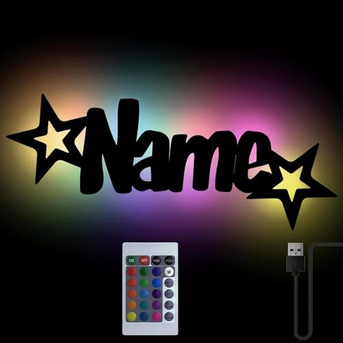 Namofactur personalisiertes Sternen-Nachtlicht aus Holz mit RGB-LED-Licht | Mit Wunschname – Farbwechsel, USB-Anschluss und Fernbedienung für individuelle Lichtstimmung und flexible Bedienung im Zimmer