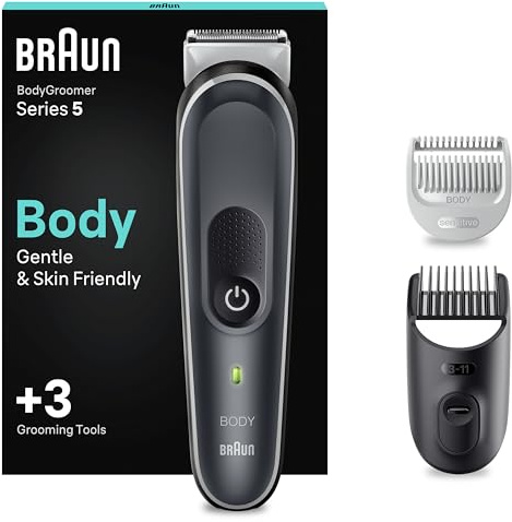 Braun Body Groomer 5, Manscape Tool for Men with SkinShield Technology, Sensitive Comb, Wet & Dry, 100% Waterproof, UK 2 Pin Plug, BG5350, Grey/White