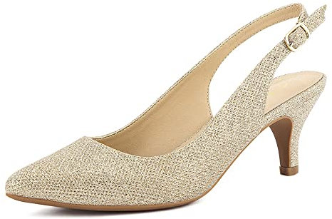 Greatonu Womens Court Shoes Low Kitten Heels Slingback Pointed Toe Dress Pumps Gold Glitter