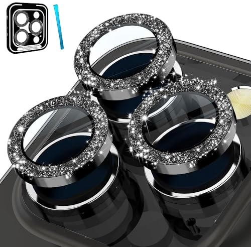 CloudValley Camera Lens Protector for iPhone 14 Pro (6.1 inch) and iPhone 14 Pro Max (6.7 inch), 9H Tempered Glass Metal Ring Camera Cover Film [Case Friendly Anti-Scratch HD Clear], Glitter Black