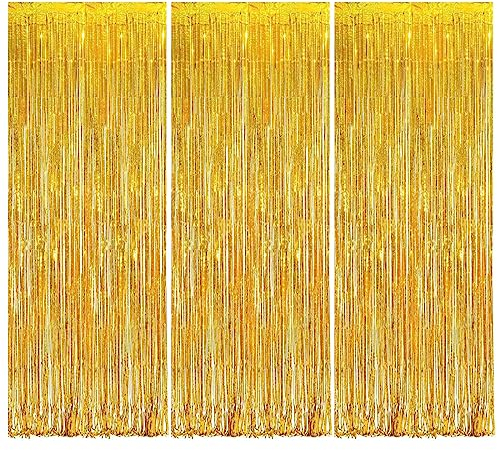 O-Kinee Gold Lametta Vorhänge,Goldene Folienvorhänge,3 Stück 2.5m Folie Fringe Vorhang, Metallisch Tinsel Curtain für Partydekor Geburtstags Ramadan Baby Shower Hochzeit Party Dekoration
