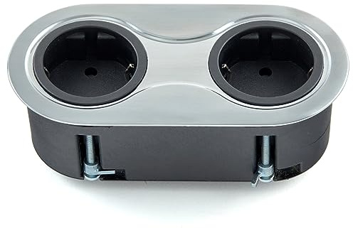 SOTECH Einbausteckdose (2 x Schukosteckdose) oval Edelstahloptik gebürstet Doppelsteckdose inkl. Anschlusskabel mit Stecker für Arbeitsplatten, Schreibtische und Schränke
