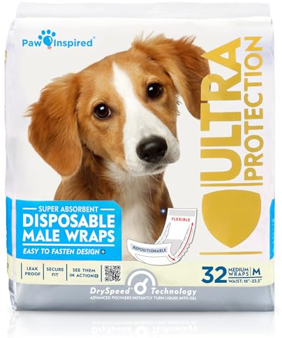Paw Inspired Male Dog Wraps, Disposable Dog Diapers | Belly Bands for Small, Medium, Large Dogs (32 Count, Size Medium)