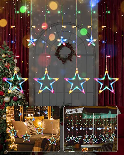 iShabao Lichterkette Sterne Strom 138 LED Weihnachtsbeleuchtung Fenster, 2.4x1m Lichtervorhang Fenster Weihnachten mit 12er Sterne, Lichterkette Innen mit Timer für Weihnachtsdeko (Bunt)