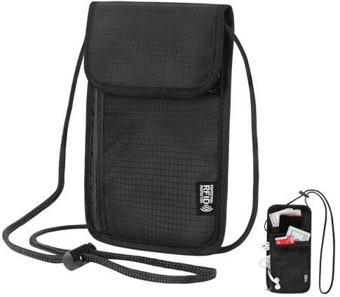 Brustbeutel Brusttasche mit RFID Schutz, Reisegeldbeutel Diebstahlsicher Wasserdicht Umhängebeutel Herren&Damen, Passport Tasche Für Reisen, Flugreise Zubehör für Smartphone, Geldkarten (Schwarz)