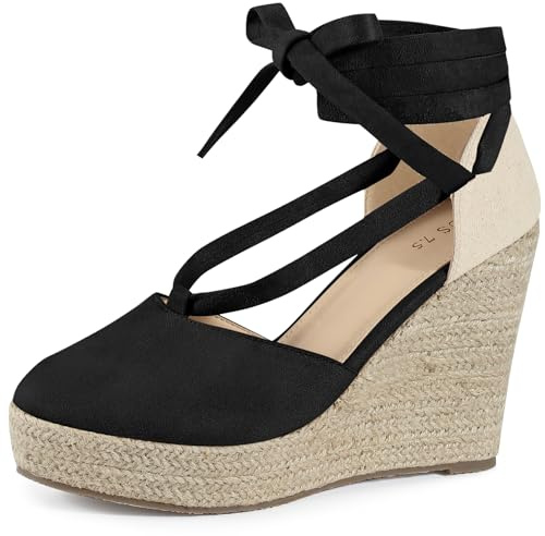 Perphy Sandalias de alpargata con plataforma con cordones y puntera cerrada, sandalias de cuña de verano para mujer Negro 38