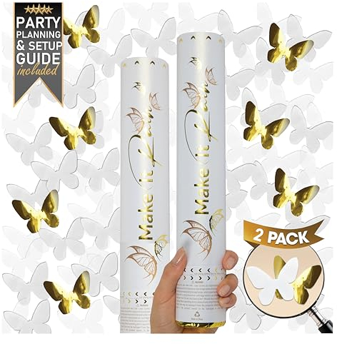 PrimePure Confetti Cannon Party Poppers - White Butterfly Confetti Poppers - Set of 2 - Party Cannons Pop Gun for Wedding Send Off, Engagement, New Years Eve 2026, Graduation, Birthdays, Celebrations