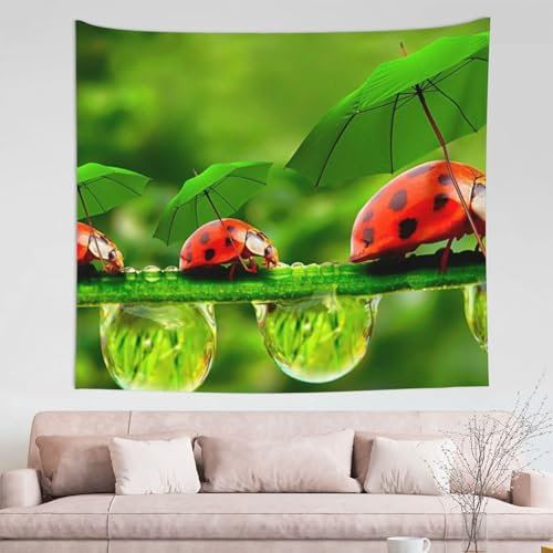 VANANI Lustiger Marienkäfer mit Regenschirmen, Wandteppich, Wanddekoration, zum Aufhängen im Wohnzimmer und Schlafzimmer (130 x 152 cm)