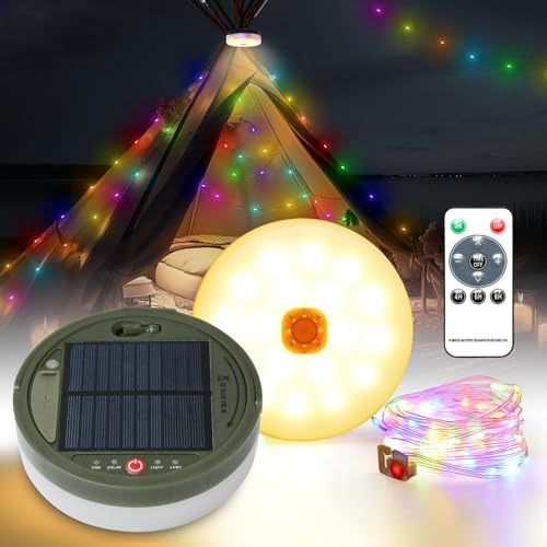 10m Solarenergie USB 2 in1 Camping Lichterkette Aufrollbar,130Leds Campinglampe mit led lichterkette und Fernbedienung,Wasserdicht IP65 Tragbare camping lichterkette,Led lichterkette außen camping