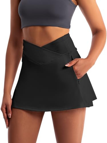Damen Activewear Hosenrock Crossover Athletischer Rock Skorts Hoch Tailliert Tennisrock mit 4 Taschen und Hose Drunter Dehnbarer Sportrock Golf-Rock für Wanderungen Radfahren