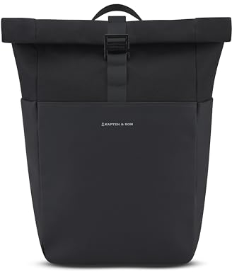 Kapten & Son Rucksack Lund Basic All Black 14-16,5 L | Rolltop Rucksack Damen & Herren | Handgepäck Rucksack mit 14'' Laptopfach | Vegan & Wasserabweisend