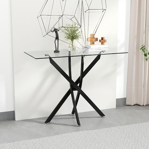 Glass Console Table with Black Metal Legs for Hallway & Living Room, 100cm | Tempered glass top with a sleek black metal frame, Modern style, Ideal for hallways, living rooms, entrances and corridors