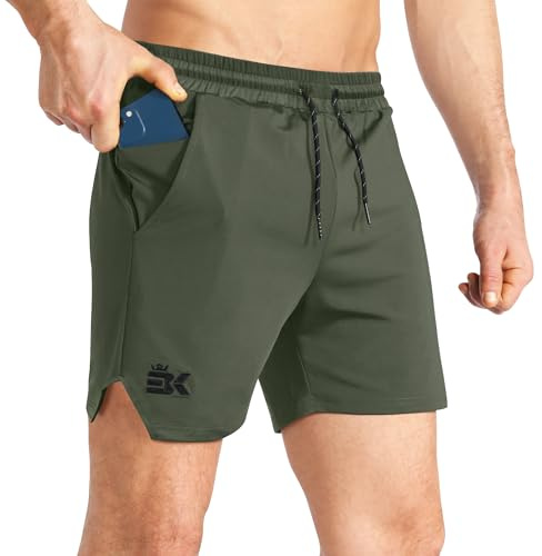 BROKIG Pantalones cortos de gimnasio ligeros para hombre, de secado rápido, para entrenamiento, fitness, correr, con bolsillo con cremallera, Ejercito Verde, 54