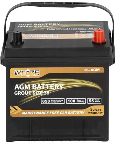 Weize Platinum AGM Battery BCI Group 35 Automotive Battery, 100RC, 650CCA, 36 Months Warranty, Dimensions 9.06 L x 6.89 W x 8.82 H