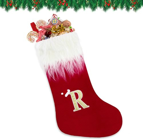VReder Weihnachtsstrümpfe, 56 cm weißer Bart personalisierte gestickte Strümpfe mit Buchstaben, rote Kamin hängende Weihnachtsmann-Socken für Weihnachtsbaum-Dekor Weihnachtsgeschenk (Monogramm R)