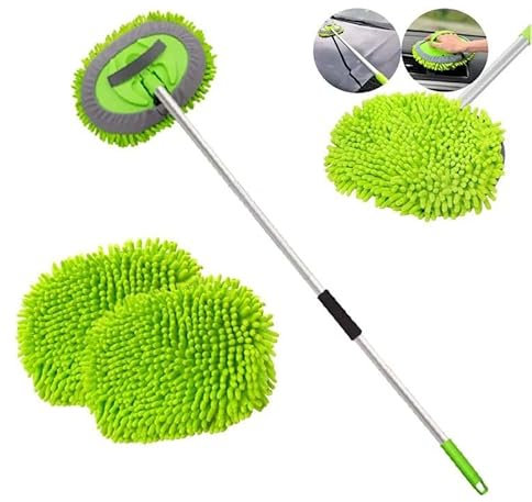 Car Cleaning Brush Microfibre Mop with Mittens Telescopic Kit Scratch Free 2 x Mop Heads 1 x Extendable 150cm Pole with 3 Sections Suitable for Cleaning Cars, Caravans, Vans, Trucks, Boats, etc.