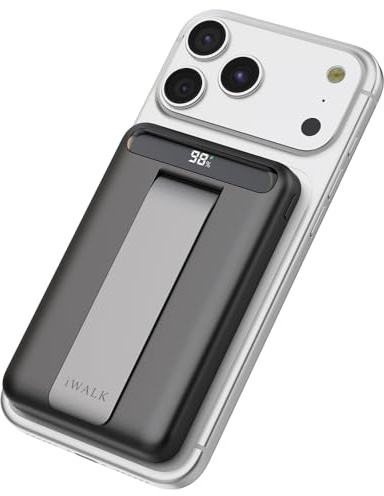 iWALK Magnetic Power Bank with Multi-Angle Adjustable Stand,Qi2 Certified 10000mAh 15W Wireless Fast Charging Portable Charger Comfortable Grip Battery Pack with LED Display for iPhone16/15/14/13/12
