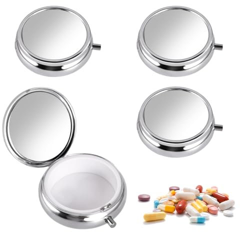 Pillendose Klein, 4 Stück Tablettendose mit Spiegel Metall pill box Tragbare Reise-Pillendose Für Nahrungsergänzungsmittel Vitamine Fischöl für Tasche oder Geldbörse