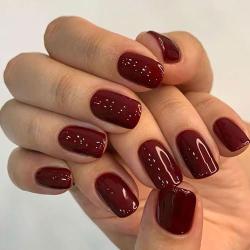 LunarCharm 24 pezzi unghie quadrate a pressione rosso vino, unghie corte a pressione, unghie finte artificiali riutilizzabili, copertura totale, unghie finte per donne