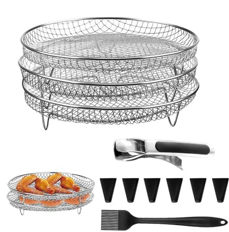 Canasta de bastidores de freidora de aire: soporte de freidora de aire de 3 paquetes, bastidores de deshidratador apilables | Pastilla de cesta de freidora de aire de acero inoxidable con brocheta, ac