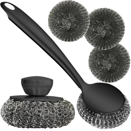 5-pack skrubbare med handtag levereras med tre ersättningsbollar stålull, kort handtag skrubbare, stålull skrubbning tillbehör diskskrubbare, rostfritt stål skrubbverktyg metallskrubbare för tallrikar