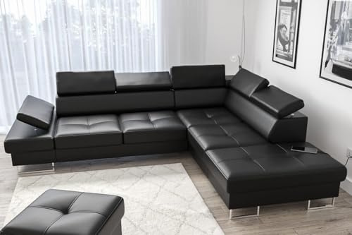 Divano angolare Galaxy 225 x 280 cm in vera pelle – Divano in pelle con funzione sleep e cassetta, poggiatesta e braccioli regolabili, divano angolare a destra o a sinistra, design moderno (nero