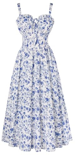 SCARLET DARKNESS Women's Summer Floral Sun Dresses Beige Blue Midi A-Line Corset Pleated Smocked Victorian Boho Beach Dress L