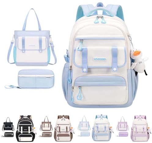Sac à Dos Fille Primaire 3 Pièce, Ensemble Cartable Enfant Scolaire avec Sacs à Déjeuner et Trousse Crayon, ergonomique sac a dos garcon primaire imperméable Grande Capacité 45cm x 31cm (Blue, M)