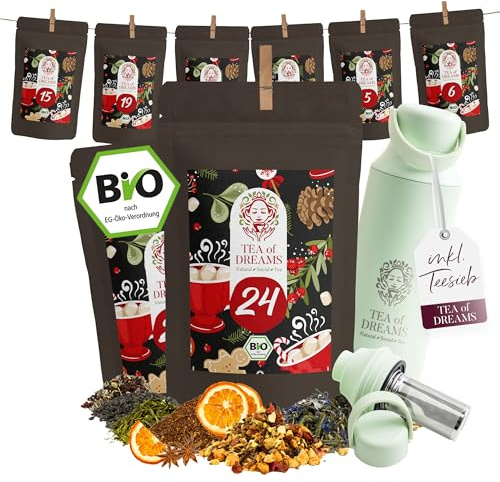 Tee Adventskalender 2025 Bio - Geschenk für Frauen und Männer - Mit Liebe gefertigt von Menschen mit Behinderung - 24 x 10g Weihnachtskalender (Tee Adventskalender mit Teeflasche Avocado)