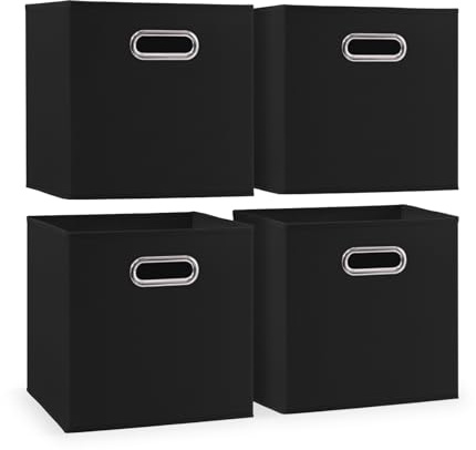 woodluv Storage Cube Boxes Small, Set of 4 Foldable Storage Basket for Cupboards, Shelves, Closet, Set of 4, Black, 25 x 25 x 25 cm