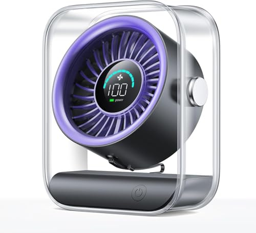KIMMOO USB-Tischventilator Wiederaufladbar, Leiser Tischventilator mit Turbo-Luftstrom, 100 Geschwindigkeiten, Digitaldisplay, 90° Schwenkbar, Kleiner Ventilator für Schlafzimmer Büro Reise (Lila)