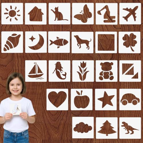 Quilax 24 Stück Malschablonen Kinder, 12.8x12.8cm Schablonen Textilgestaltung, Wiederverwendbar Cartoon Schablonen, Einfache Zeichnung, Tiere/Auto/Pflanzen/Wetter, Scrapbook Fotoalbum,Geschenkkarten