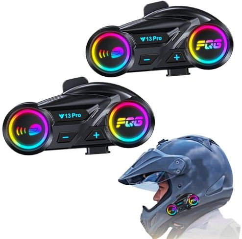 YMY Y13 Pro Motorcycle Helmet Bluetooth Headphones with 500M 2-Rider Intercom, IPX6 Waterproof, Noise Cancelling, RGB Lights, FM Radio & Voice Assistant (2-Pack)
