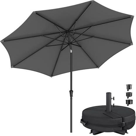 SONGMICS Sonnenschirm mit Sonnenschirmständer, Strandschirm 340 cm, UPF 50+, Schirmständer mit Sand befüllbar, für Terrasse, Balkon, Pool, grau und schwarz GPU045G01-041