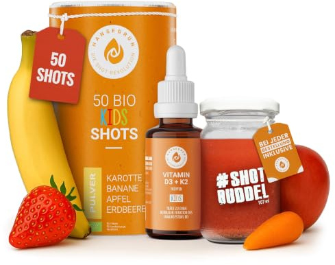 Hansegrün - Kids-Set - Bio Kids Shots & Vitamin D3 K2 Tropfen - 150g Pulver & 30ml Tropfen - Inklusive Gratis Shotglas - Für Immunsystem¹, Knochen³ & Muskelfunktion⁴ - 100% natürliche Zutaten