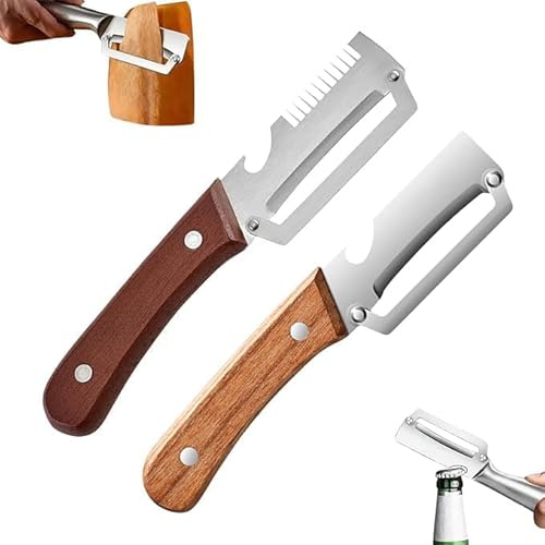 Cucina Pelapatate Professionali Multifunzione 3-in-1, Sbucciatore, Tagliaverdure, Apribottiglie, Lama in Acciaio Inox, Impugnatura Ergonomica in Legno, Utensile per Frutta e Verdura (Brown+Silver)