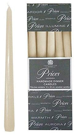 Price's Candles - 10 Venetian Wrapped Dinner Candles - Ivory - 10 Pack - 7 Hour Burn Time - Unscented - Non-Drip - Solid Colour - Multi-Purpose