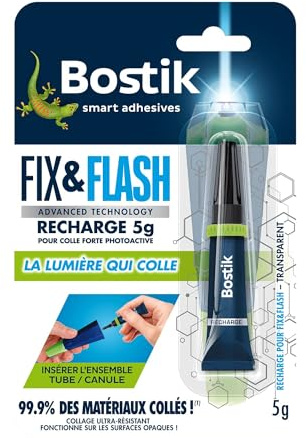 Bostik Recharge Colle de Réparation Fix & Flash – Colle Forte Photoactive – Efficace sur Tous Matériaux et Toutes Surfaces – Sans Odeur ni Solvants – Transparent – 1 Tube de 5 g