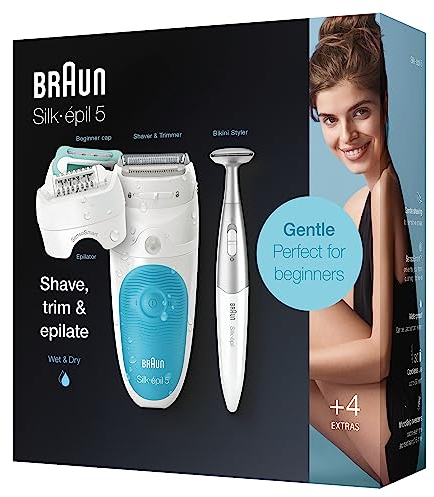 Braun Silk-épil 5 Epilierer Damen für Haarentfernung / Haarentferner, inkl. Bikinitrimmer (Haartrimmer Intimbereich), Hochfrequenz-Massageaufsatz, 5-810, weiß/türkis
