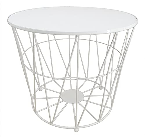 PrimoLiving Design Beistelltisch Weiß mit Deckel - Metall Drahtkorb mit Holzdeckel Diagonal P-840 L 40x35 cm - Korb Couchtisch mit Stauraum Deko Tisch