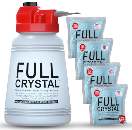 Full Crystal Window Cleaning Kit – 16 oz Glass Cleaner and Bottle with 27 ft Reach, Each 4 oz Bag Makes Up to 640 fl oz, Cleans Up to 80 Windows, Scrub-Free, Rinse-Free