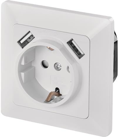 EMOS A6000.1 Unterputz-Steckdose mit 2X USB-Anschluss Schuko, Schutzkontaktsteckdose mit 2 USBPorts 5 V / 2,1 A für Handy oder Smartphone Laden, weiß, 4000 W, 250 V