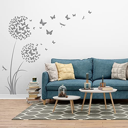 tjapalo®4v großes Wandtattoo Pusteblume mit Schmetterlingen Wandtattoo Wohnzimmer blumen Wandtattoo mädchenzimmer teenager, Farbe: Schwarz, Größe: H170xB58cm