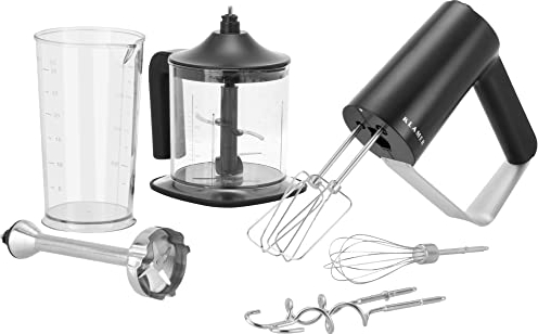 KLAMER Handrührgerät, 500 Watt Handrührer mit Turbostufe, 5 Stufen Handmixer mit Schneebesen, Rührbesen, Knethaken, Pürierstab, Messbecher und Zerkleinerer, aus Edelstahl