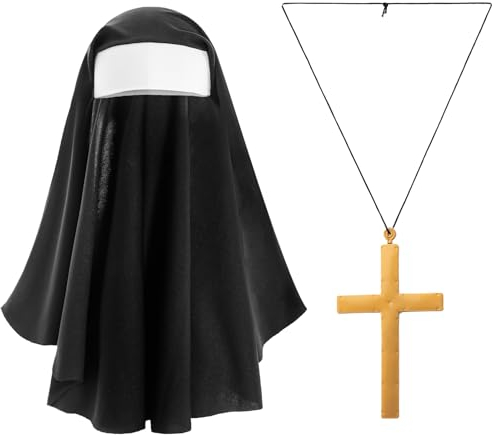 iEFiEL Damen Halloween Nonne Kostüm Set Nonnenhaube Priester Kreuz Halskette Handschuhe Kniestrümpfe Nun Klosterschwester Cosplay Mottoparty Fasching Type B One Size