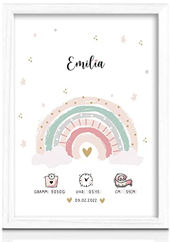 Milaboo® personalisiertes Geburtsposter A4 Regenbogen I Kinderzimmer Deko I personalisierte Geschenke Baby (rosa ohne Bilderrahmen)