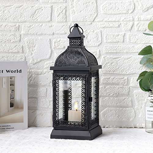 TRIROCKS Rustic Style Metal Candle Lantern Decorative Hanging Candlestick Holder with Tempered Glass for Christmas Living Room Garden Yard Patio Parties Events Indoors Outdoors(Black)